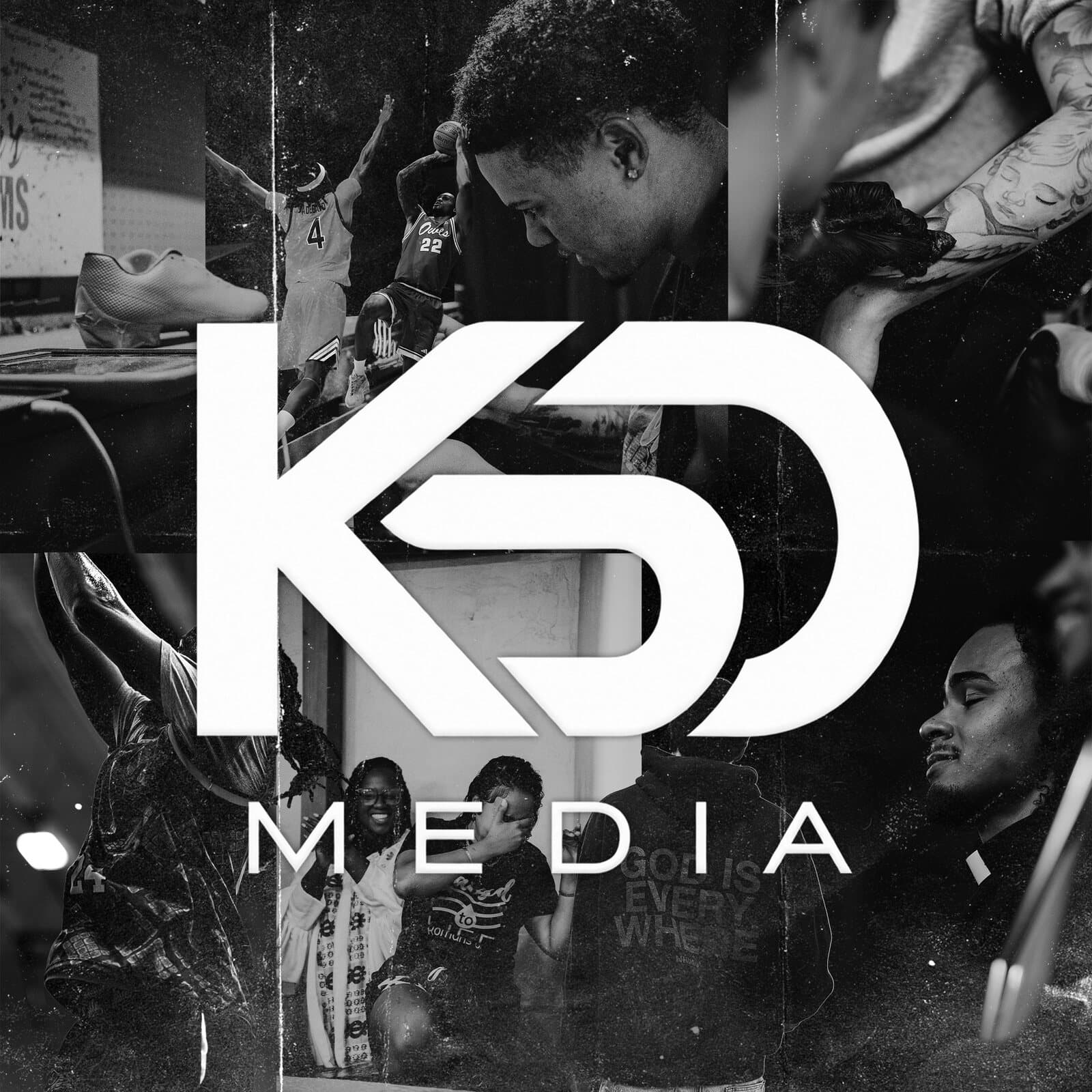 KSD Media brand collage: black-and-white frames of athletes, portraits, a tattoo session, and a celebrating crowd around the KSD monogram